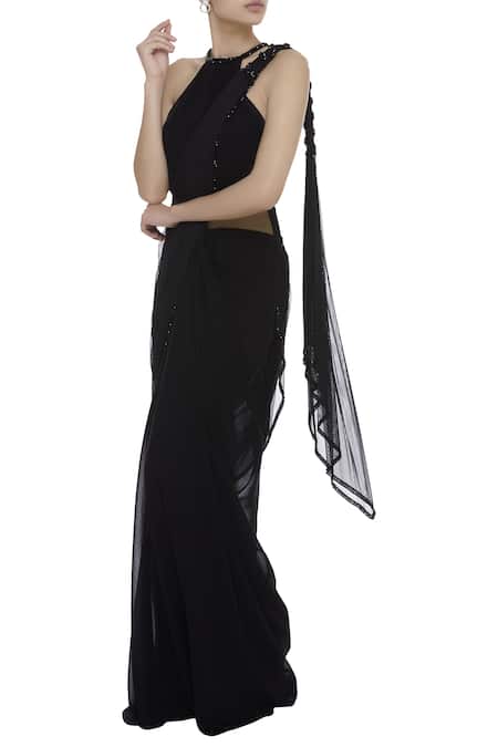 Arpan Vohra Black Tulle Halter Embellished Saree With Blouse 
