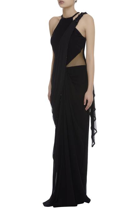 Buy_Arpan Vohra_Black Tulle Halter Embellished Saree With Blouse _Online_at_Aza_Fashions