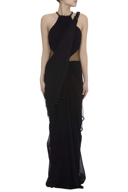 Shop_Arpan Vohra_Black Tulle Halter Embellished Saree With Blouse _Online_at_Aza_Fashions