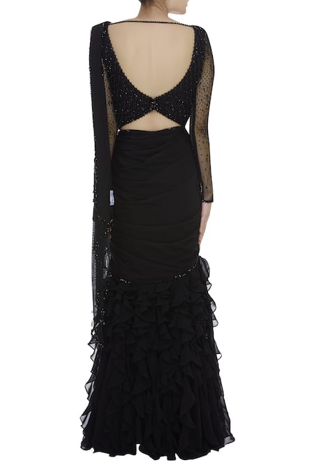 Shop_Arpan Vohra_Black Georgette Leaf Neck Pre-draped Lehenga Saree With Blouse _at_Aza_Fashions