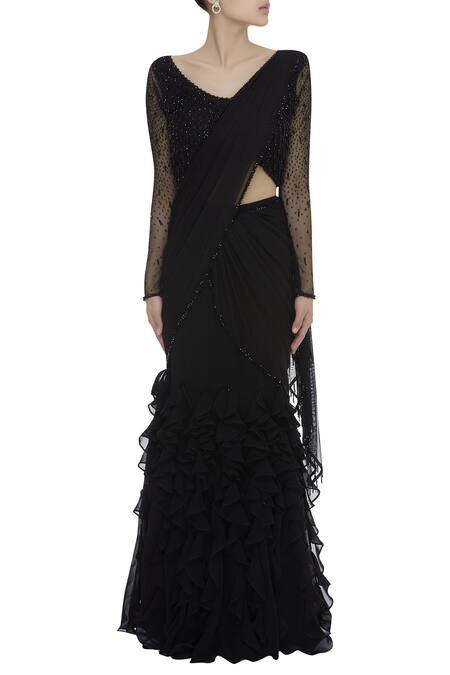 Arpan Vohra_Black Georgette Leaf Neck Pre-draped Lehenga Saree With Blouse _Online_at_Aza_Fashions