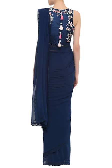 Shop_Summer By Priyanka Gupta_Blue Embroidered Saree With Blouse_at_Aza_Fashions