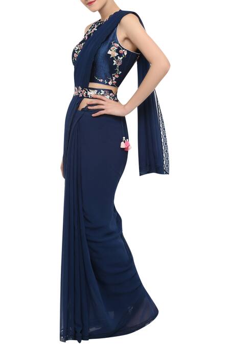 Shop_Summer By Priyanka Gupta_Blue Embroidered Saree With Blouse_Online_at_Aza_Fashions