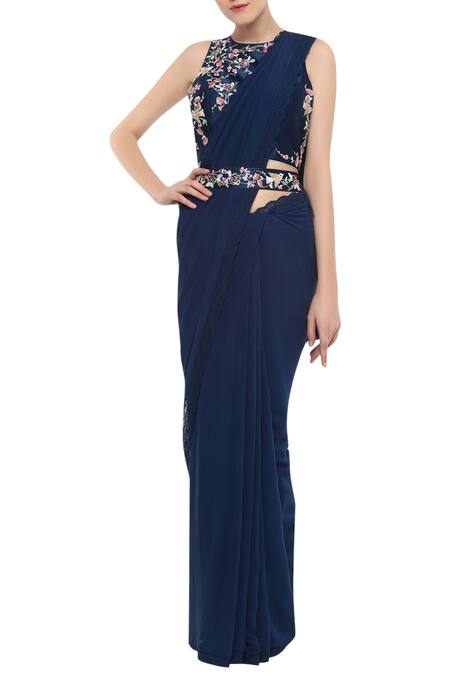 Summer By Priyanka Gupta_Blue Embroidered Saree With Blouse_at_Aza_Fashions