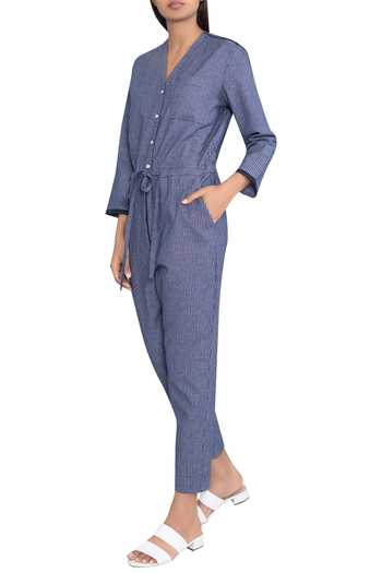 Buy Anomaly Blue Cotton Striped Jumpsuit at Aza Fashions Buy_Anomaly_Blue Cotton Striped Jumpsuit_at_Aza_Fashions