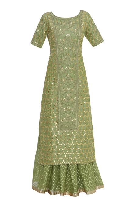 Buy_Kritika Dawar_Green Dupatta-silk, Kurta-linen Silk, Embroidered Kurta Lehenga Set _Online_at_Aza_Fashions