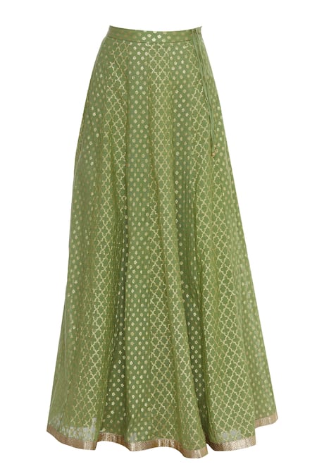 Shop_Kritika Dawar_Green Dupatta-silk, Kurta-linen Silk, Embroidered Kurta Lehenga Set _Online_at_Aza_Fashions