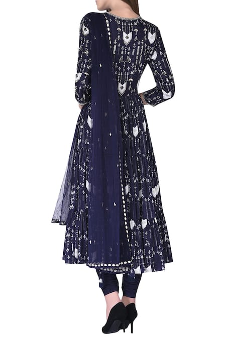 Shop Neha & Tarun Blue Reyon Satin Printed Geometric Round Tiered Anarkali Kurta Set at Aza Fashions Shop_Neha & Tarun_Blue Reyon Satin Printed Geometric Round Tiered Anarkali Kurta Set _at_Aza_Fashions