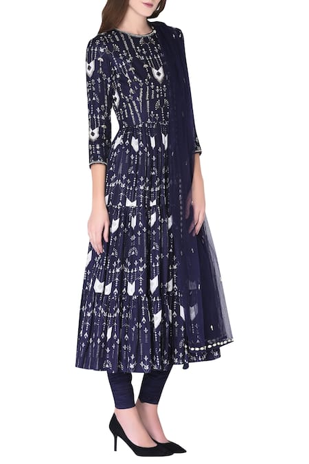 Neha & Tarun Blue Reyon Satin Printed Geometric Round Tiered Anarkali Kurta Set Online at Aza Fashions Neha & Tarun_Blue Reyon Satin Printed Geometric Round Tiered Anarkali Kurta Set _Online_at_Aza_Fashions