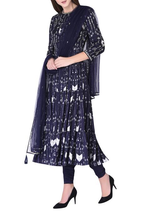 Shop Neha & Tarun Blue Reyon Satin Printed Geometric Round Tiered Anarkali Kurta Set Online at Aza Fashions Shop_Neha & Tarun_Blue Reyon Satin Printed Geometric Round Tiered Anarkali Kurta Set _Online_at_Aza_Fashions