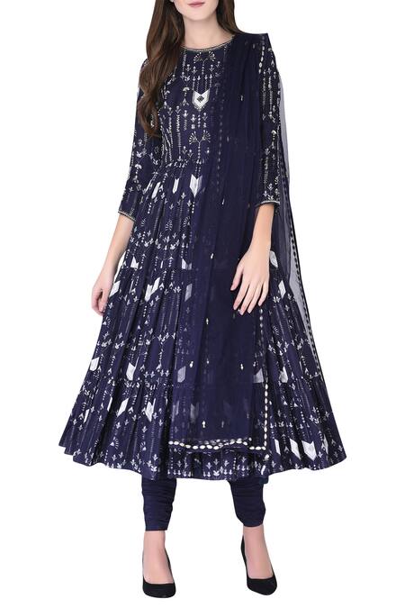 Neha & Tarun Blue Reyon Satin Printed Geometric Round Tiered Anarkali Kurta Set at Aza Fashions Neha & Tarun_Blue Reyon Satin Printed Geometric Round Tiered Anarkali Kurta Set _at_Aza_Fashions