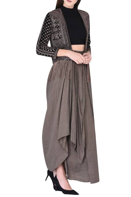 Neha & Tarun_Black Velvet, Bemberg Linen, Rayon Satin Cutdana, Jacket With Crop Top And Skirt_Online_at_Aza_Fashions