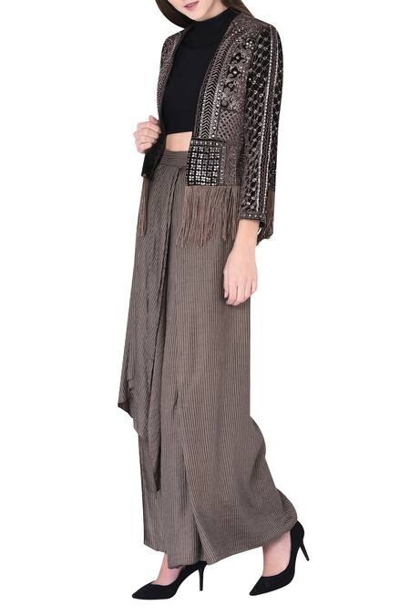 Shop_Neha & Tarun_Black Velvet, Bemberg Linen, Rayon Satin Cutdana, Jacket With Crop Top And Skirt_Online_at_Aza_Fashions
