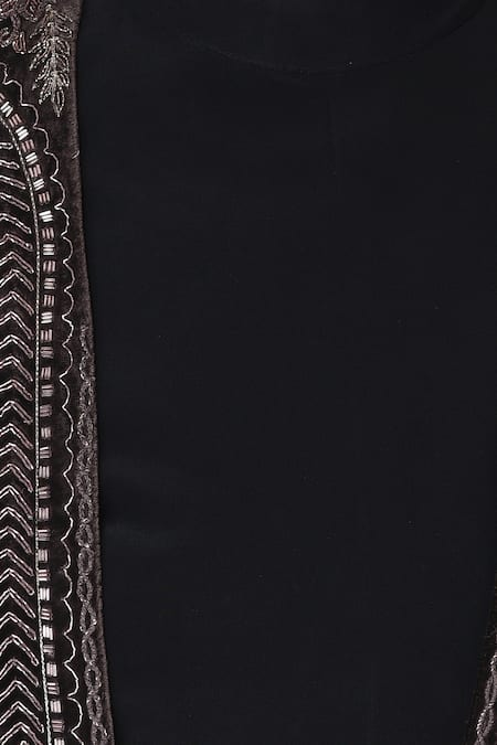 Neha & Tarun_Black Velvet, Bemberg Linen, Rayon Satin Cutdana, Jacket With Crop Top And Skirt_at_Aza_Fashions