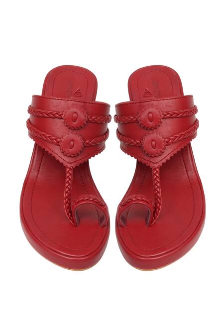 Shop Aprajita Toor Red Braided Floral Disc Wedges at Aza Fashions Shop_Aprajita Toor_Red Braided Floral Disc Wedges _at_Aza_Fashions