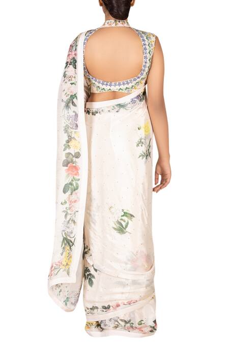 Shop RI.Ritu Kumar Off White Printed Floral Saree With High Neck Blouse at Aza Fashions Shop_RI.Ritu Kumar_Off White Printed Floral Saree With High Neck Blouse_at_Aza_Fashions