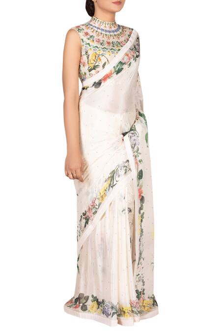 RI.Ritu Kumar Off White Printed Floral Saree With High Neck Blouse Online at Aza Fashions RI.Ritu Kumar_Off White Printed Floral Saree With High Neck Blouse_Online_at_Aza_Fashions