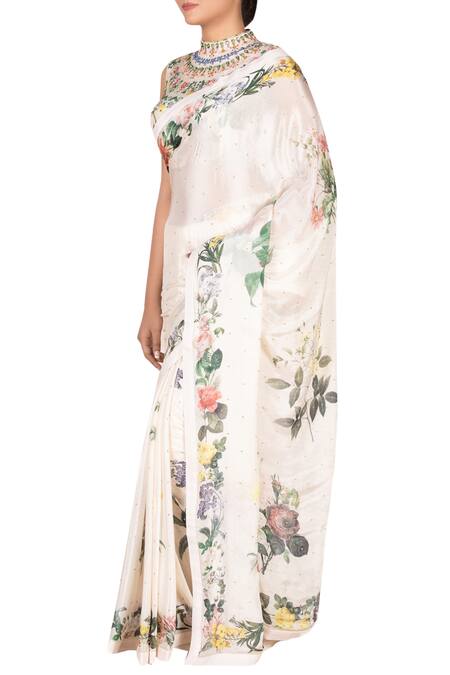 Buy RI.Ritu Kumar Off White Printed Floral Saree With High Neck Blouse Online at Aza Fashions Buy_RI.Ritu Kumar_Off White Printed Floral Saree With High Neck Blouse_Online_at_Aza_Fashions