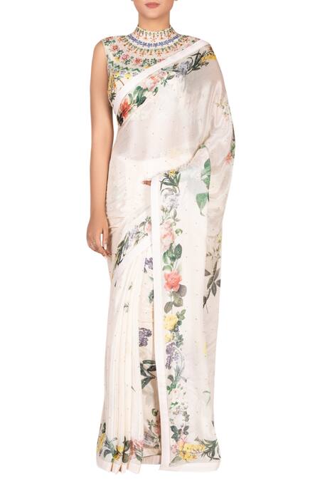 Shop RI.Ritu Kumar Off White Printed Floral Saree With High Neck Blouse Online at Aza Fashions Shop_RI.Ritu Kumar_Off White Printed Floral Saree With High Neck Blouse_Online_at_Aza_Fashions