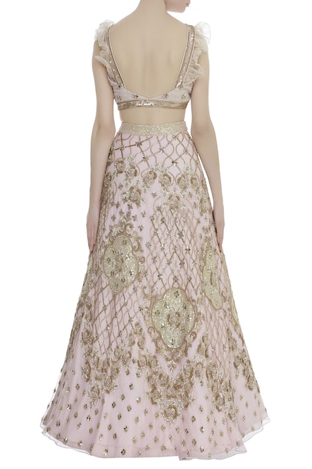 Shop_Riddhi Majithia_Pink Silk Embroidery Sequin Round Bridal Lehenga Set  _at_Aza_Fashions