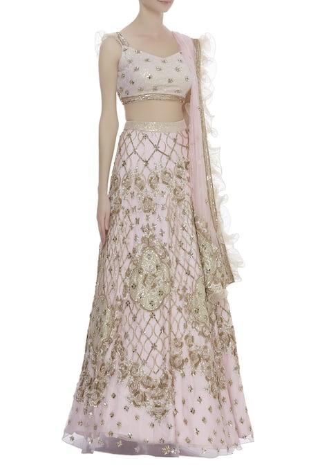 Riddhi Majithia_Pink Silk Embroidery Sequin Round Bridal Lehenga Set  _Online_at_Aza_Fashions