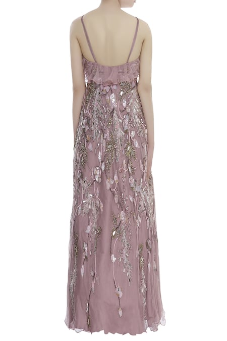 Shop_Riddhi Majithia_Purple Organza Embroidery Sequin V Neck Frill Detail Gown  _at_Aza_Fashions