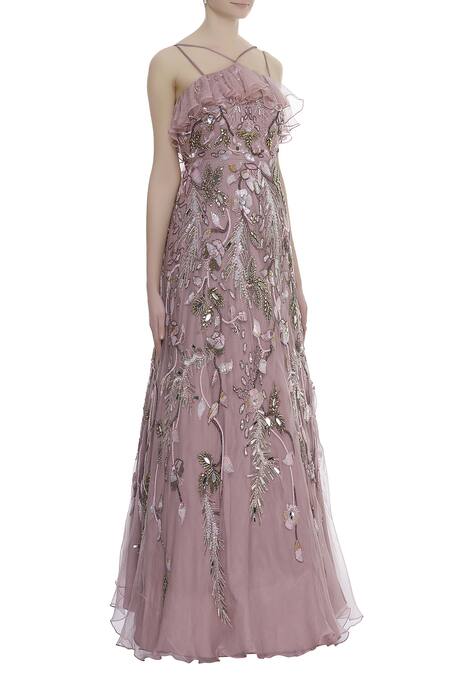 Riddhi Majithia_Purple Organza Embroidery Sequin V Neck Frill Detail Gown  _Online_at_Aza_Fashions