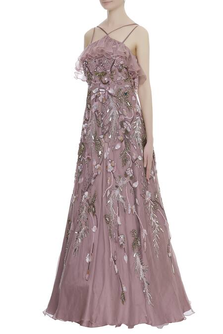 Buy_Riddhi Majithia_Purple Organza Embroidery Sequin V Neck Frill Detail Gown  _Online_at_Aza_Fashions