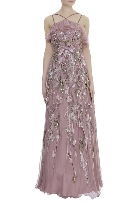 Shop_Riddhi Majithia_Purple Organza Embroidery Sequin V Neck Frill Detail Gown  _Online_at_Aza_Fashions