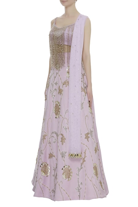 Buy_Riddhi Majithia_Purple Suede Embroidery Fringe Round Bridal Lehenga Set  _Online_at_Aza_Fashions