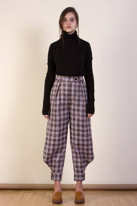 Buy_Munkee See Munkee Doo_Grey Checkered Ankle Cuff Pant_Online_at_Aza_Fashions