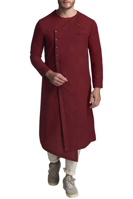 GRAM OF INK Red Overlap Solid Kurta With Pyjamas