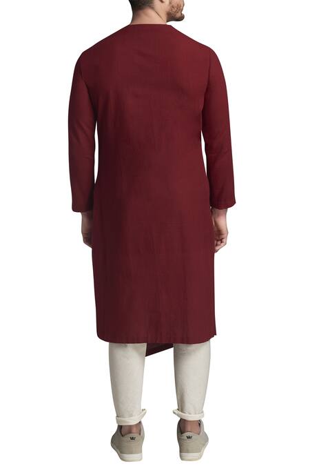 Shop Gram Of Ink Red Overlap Solid Kurta With Pyjamas at Aza Fashions Shop_Gram Of Ink_Red Overlap Solid Kurta With Pyjamas_at_Aza_Fashions