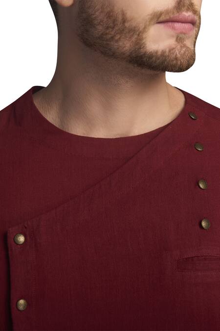 Buy Gram Of Ink Red Overlap Solid Kurta With Pyjamas Online at Aza Fashions Buy_Gram Of Ink_Red Overlap Solid Kurta With Pyjamas_Online_at_Aza_Fashions