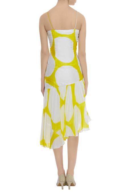 Shop_Vedika M_White Silk V Neck Printed Asymmetric Dress_at_Aza_Fashions