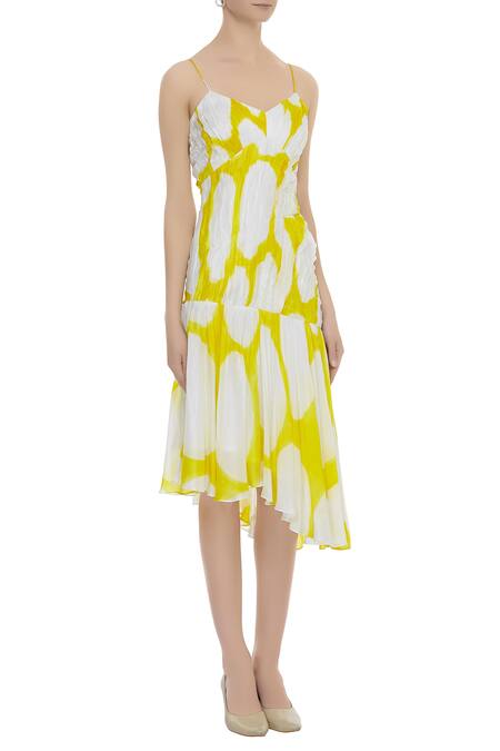 Vedika M_White Silk V Neck Printed Asymmetric Dress_Online_at_Aza_Fashions