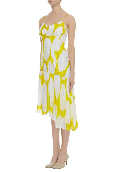 Buy_Vedika M_White Silk V Neck Printed Asymmetric Dress_Online_at_Aza_Fashions