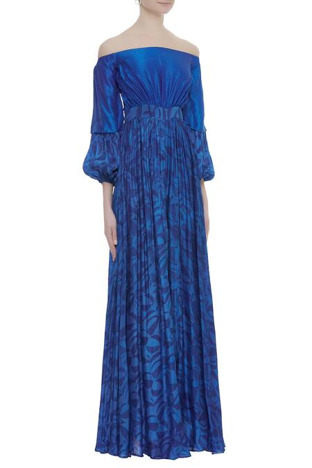 Vedika M_Blue Bardot Silk Printed Jumpsuit_Online_at_Aza_Fashions