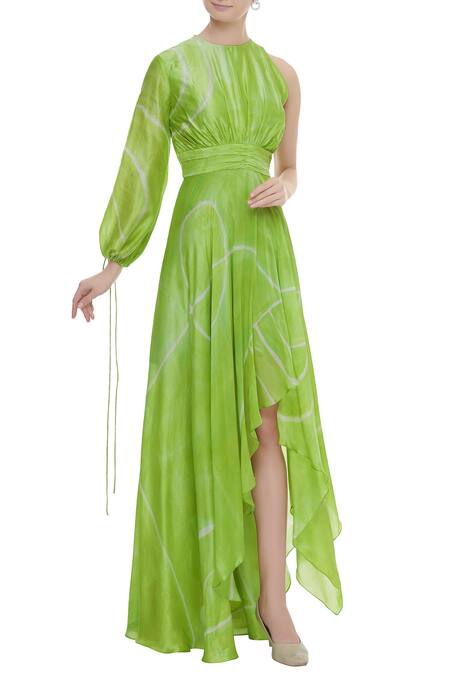 Buy Vedika M Green Silk Asymmetric Printed Maxi Dress Online at Aza Fashions Buy_Vedika M_Green Silk Asymmetric Printed Maxi Dress _Online_at_Aza_Fashions
