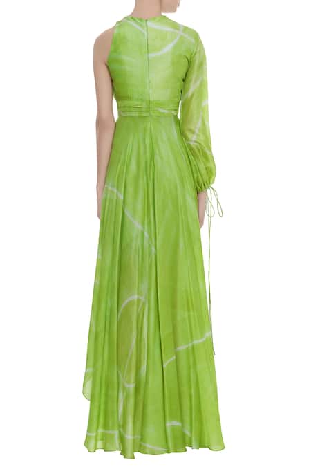 Shop Vedika M Green Silk Asymmetric Printed Maxi Dress at Aza Fashions Shop_Vedika M_Green Silk Asymmetric Printed Maxi Dress _at_Aza_Fashions