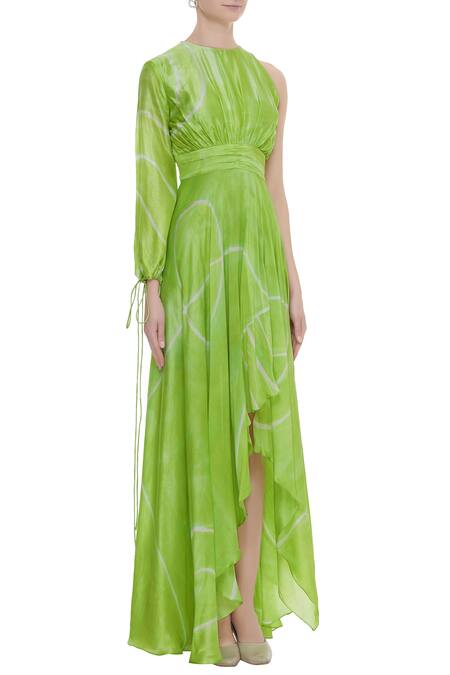 Vedika M Green Silk Asymmetric Printed Maxi Dress Online at Aza Fashions Vedika M_Green Silk Asymmetric Printed Maxi Dress _Online_at_Aza_Fashions