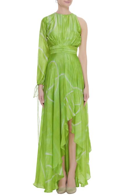 Shop Vedika M Green Silk Asymmetric Printed Maxi Dress Online at Aza Fashions Shop_Vedika M_Green Silk Asymmetric Printed Maxi Dress _Online_at_Aza_Fashions