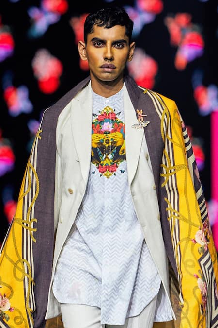 Shop MR. Ajay Kumar Blue Cotton Zigzag And Flower Patch Printed Shirt at Aza Fashions Shop_MR. Ajay Kumar_Blue Cotton Zigzag And Flower Patch Printed Shirt _at_Aza_Fashions