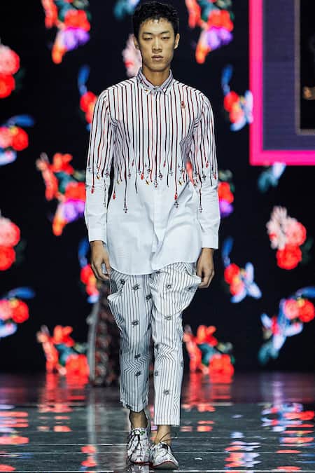 MR. Ajay Kumar Off White Cotton Embroidery Printed Stripe And Fish Full Sleeves Shirt 