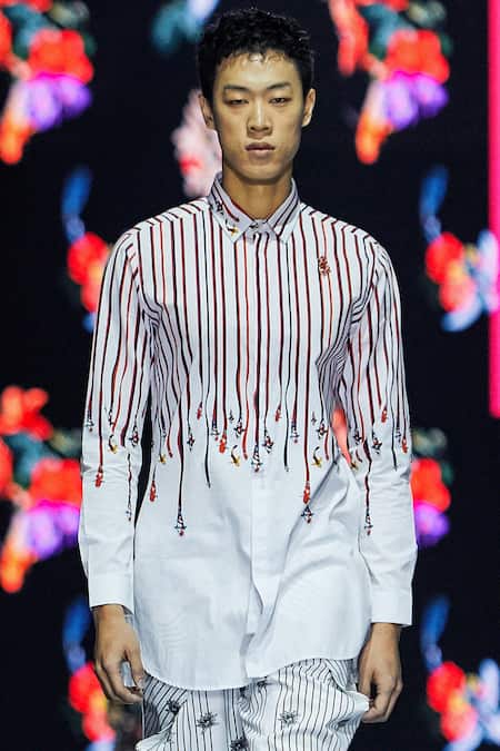 MR. Ajay Kumar Off White Cotton Embroidery Printed Stripe And Fish Full Sleeves Shirt Online at Aza Fashions MR. Ajay Kumar_Off White Cotton Embroidery Printed Stripe And Fish Full Sleeves Shirt _Online_at_Aza_Fashions