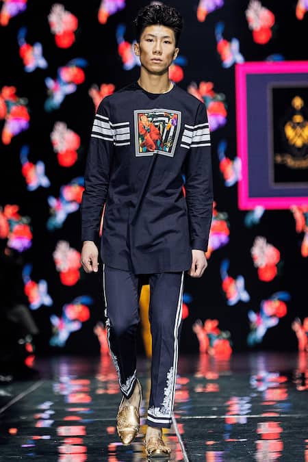 MR. Ajay Kumar Navy , Satin, Lycra Foil Printing, Printed Stripe Kurta And Pant Set 