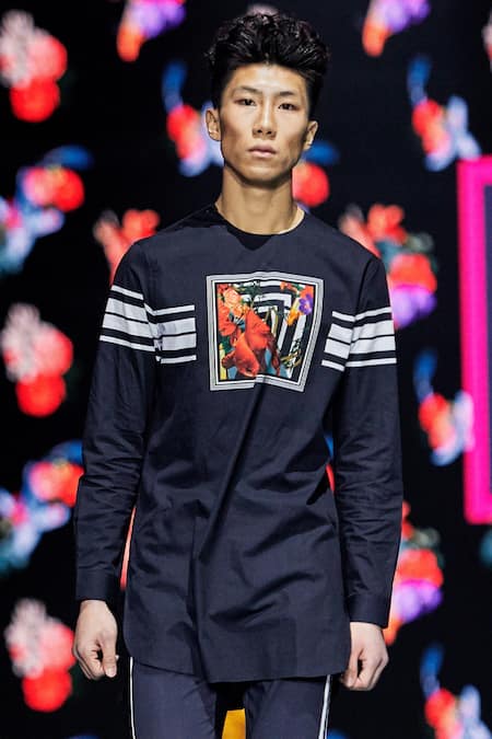 Shop MR. Ajay Kumar Navy , Satin, Lycra Foil Printing, Printed Stripe Kurta And Pant Set at Aza Fashions Shop_MR. Ajay Kumar_Navy , Satin, Lycra Foil Printing, Printed Stripe Kurta And Pant Set _at_Aza_Fashions