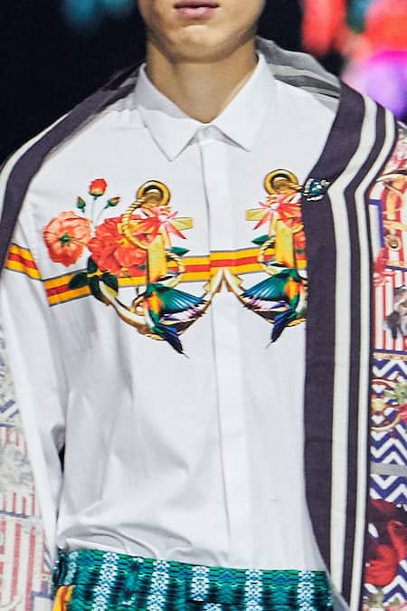 Shop_MR. Ajay Kumar_White Cotton Anchor And Floral Printed Shirt _Online_at_Aza_Fashions