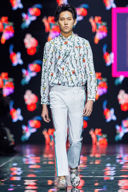 Mr. Ajay Kumar White Luxe Cotton Printed Floral Draped Kurta Shirt  