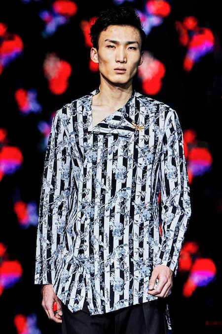 Shop MR. Ajay Kumar Black , Satin, Lycra Striped And Floral Asymmetric Shirt & Pant Set at Aza Fashions Shop_MR. Ajay Kumar_Black , Satin, Lycra Striped And Floral Asymmetric Shirt & Pant Set _at_Aza_Fashions